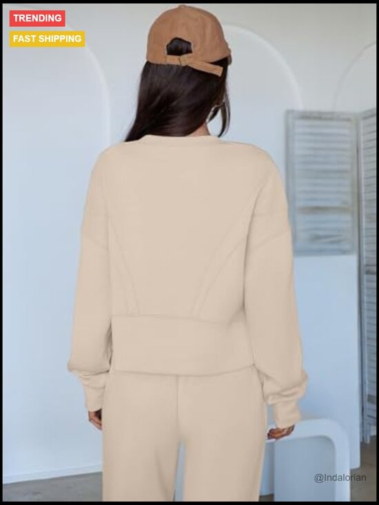 Cropped Sweatshirt Joggers Lounge Set Loose Fit Rayon Polyester Elastane - Picture 5 of 7